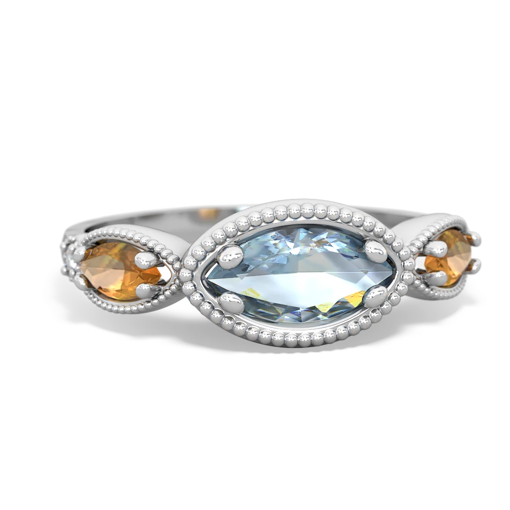 Aquamarine Citrine Milgrain Marquise ring 14K White Gold