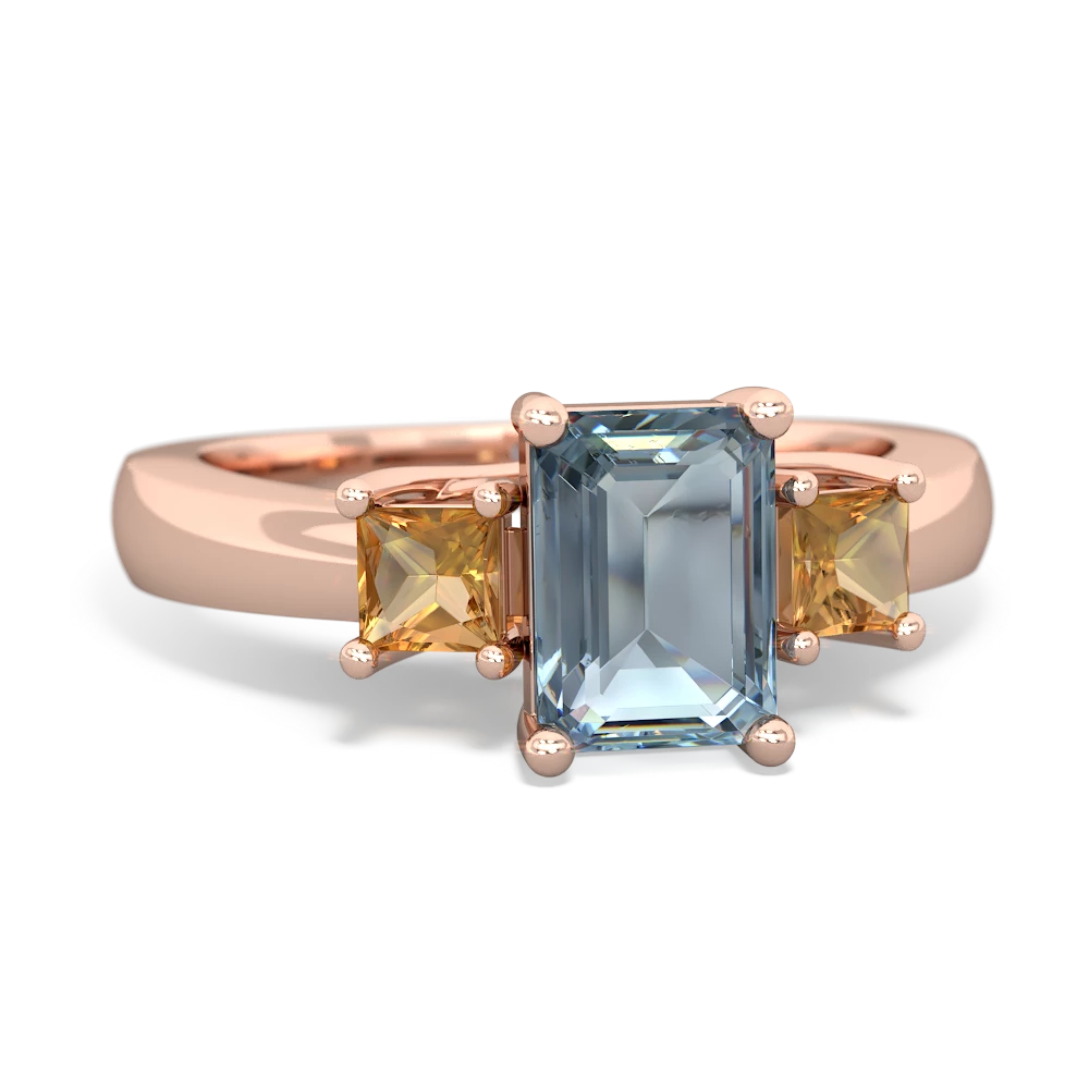 Aquamarine Three Stone Emerald-Cut Trellis 14K Rose Gold ring R4021