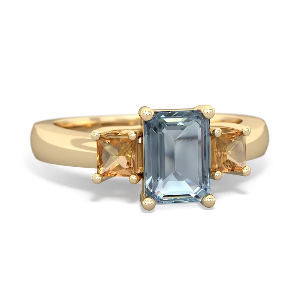 Aquamarine Three Stone Emerald-Cut Trellis 14K Yellow Gold ring R4021