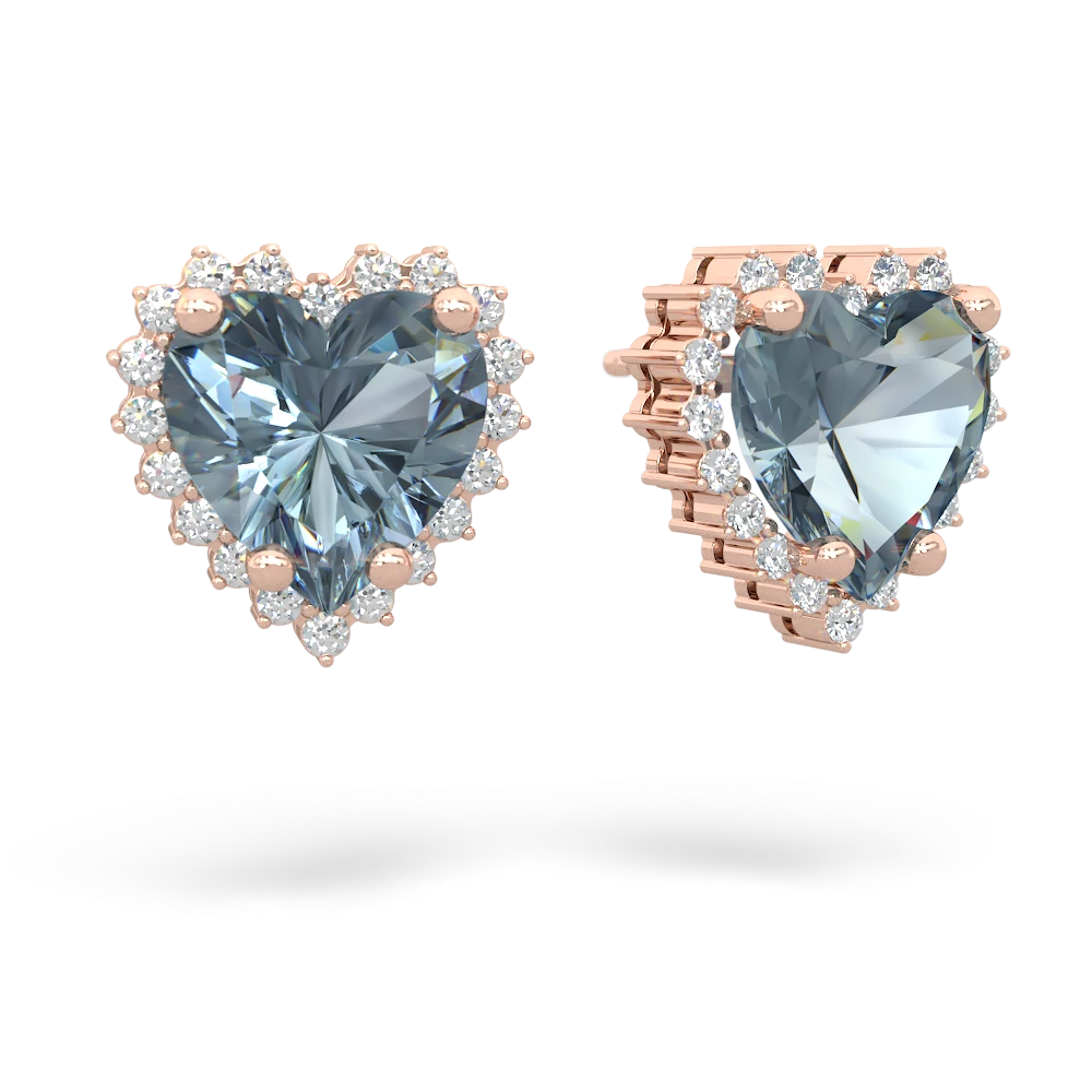 Aquamarine Sparkling Halo Heart 14K Rose Gold earrings E0391