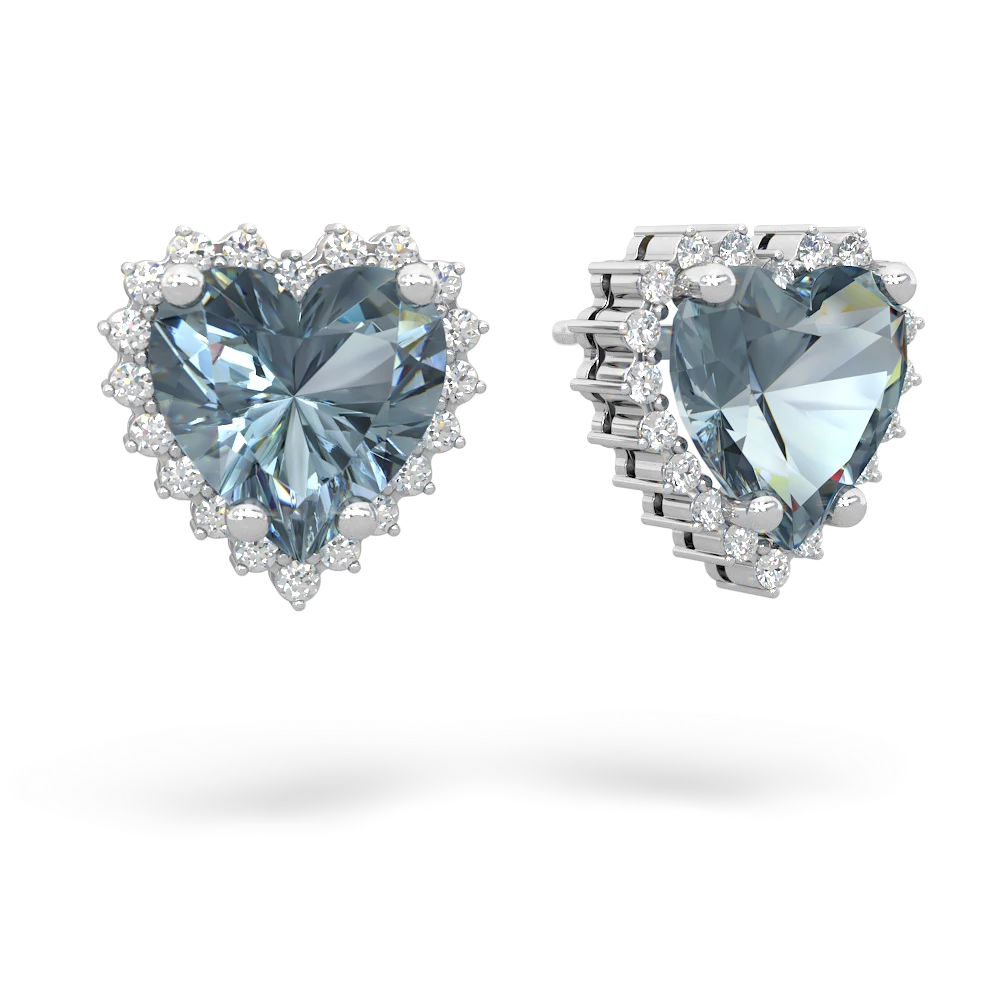 Aquamarine Sparkling Halo Heart 14K White Gold earrings E0391