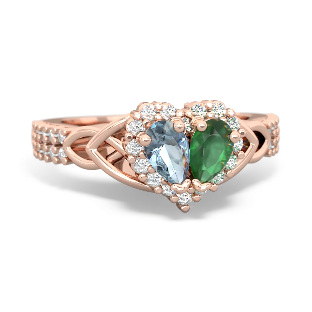 Aquamarine Celtic Knot Two Hearts As One 14K Rose Gold ring R2644HRT