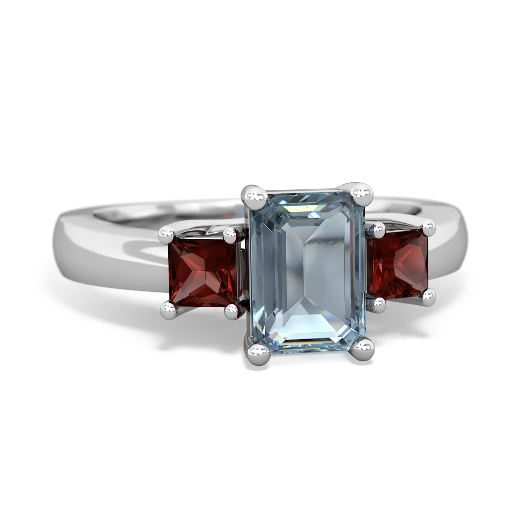 Aquamarine Three Stone Emerald-Cut Trellis 14K White Gold ring R4021