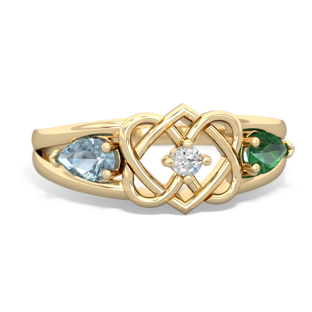 Aquamarine Hearts Intertwined 14K Yellow Gold ring R5880