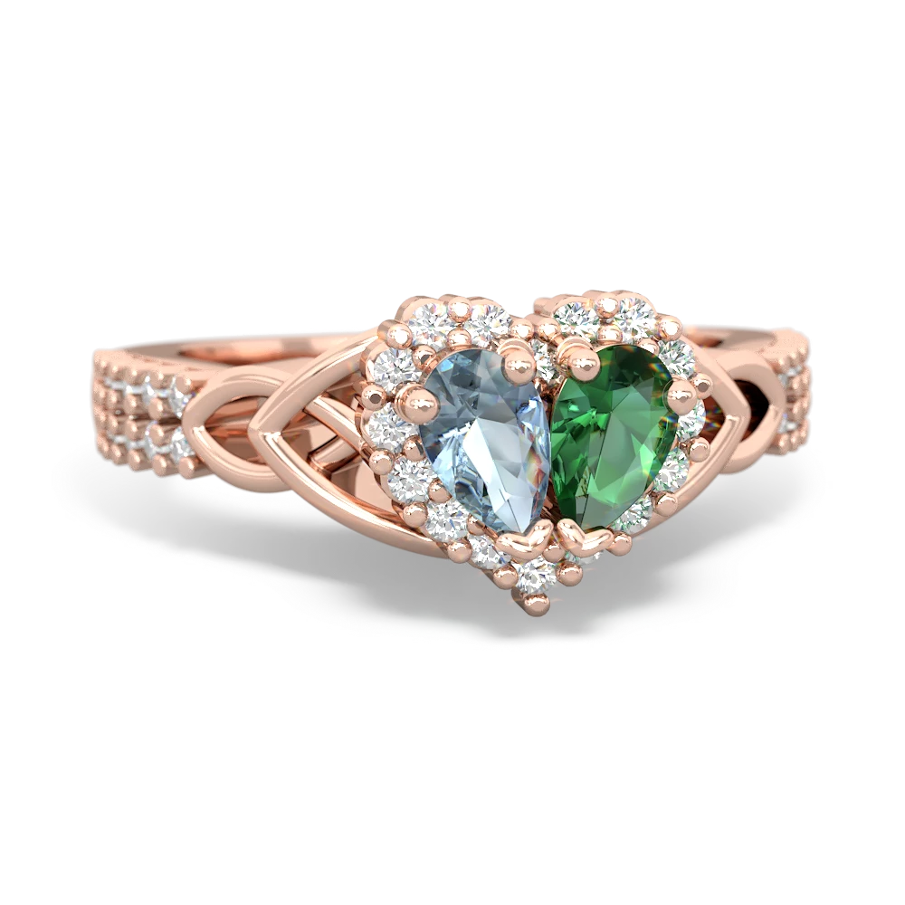 Aquamarine Celtic Knot Two Hearts As One 14K Rose Gold ring R2644HRT