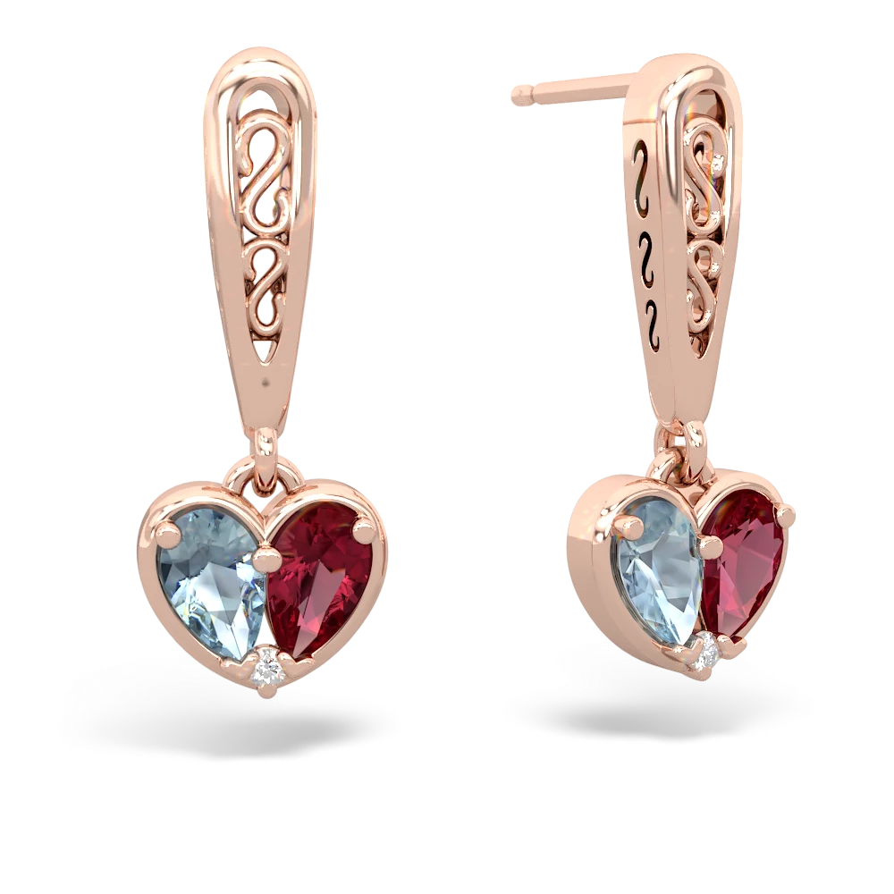 Aquamarine Filligree Heart 14K Rose Gold earrings E5070