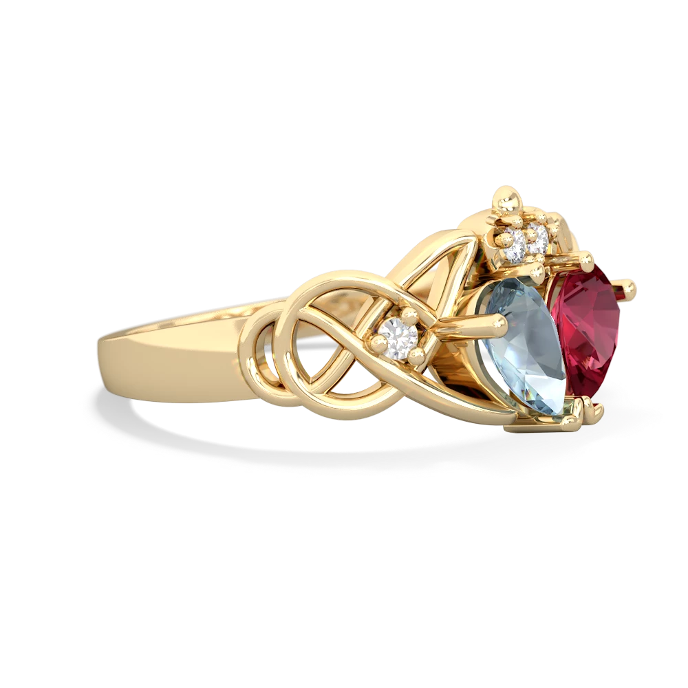 Aquamarine 'One Heart' Celtic Knot Claddagh 14K Yellow Gold ring R5322