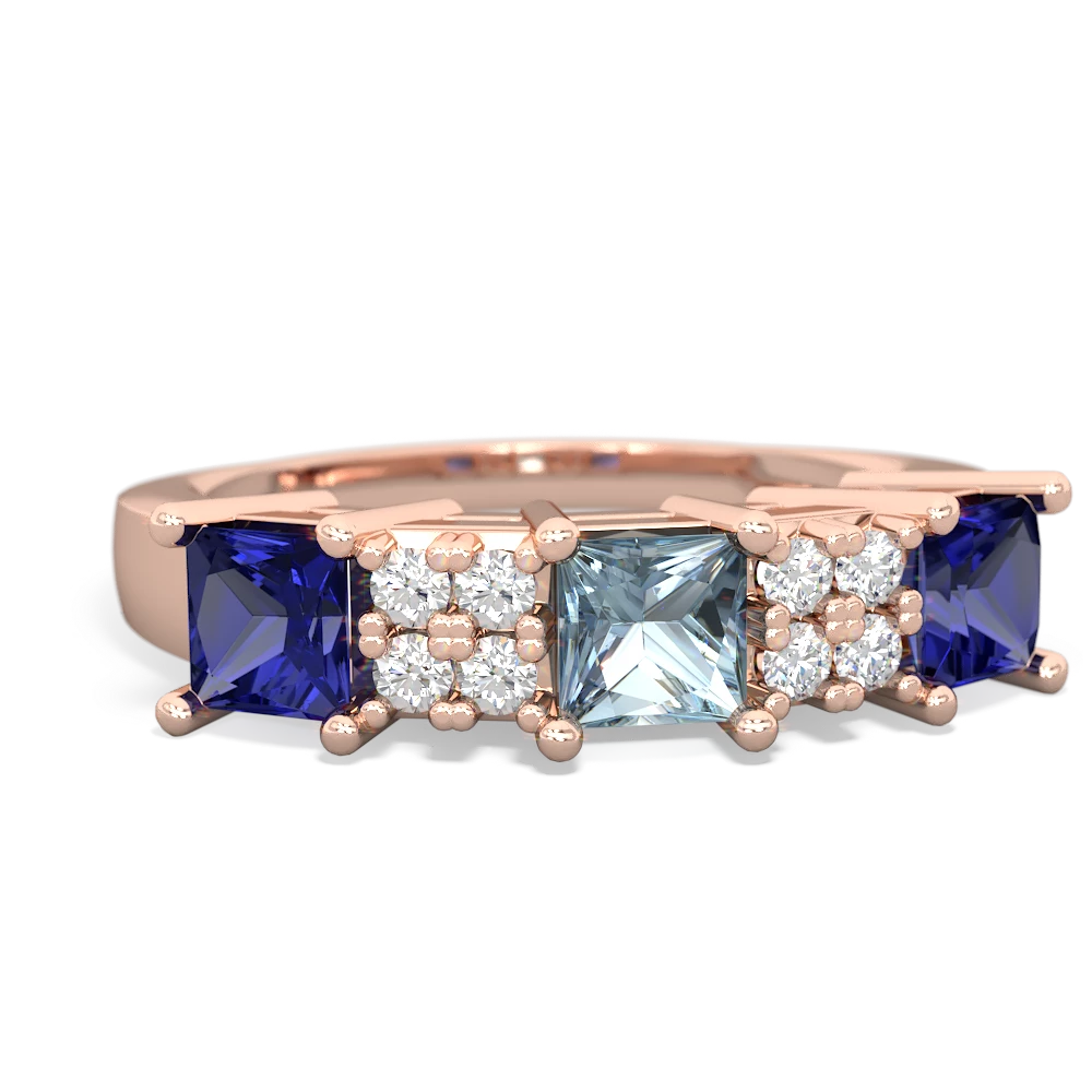 Aquamarine Three Stone Diamond Cluster 14K Rose Gold ring R2592