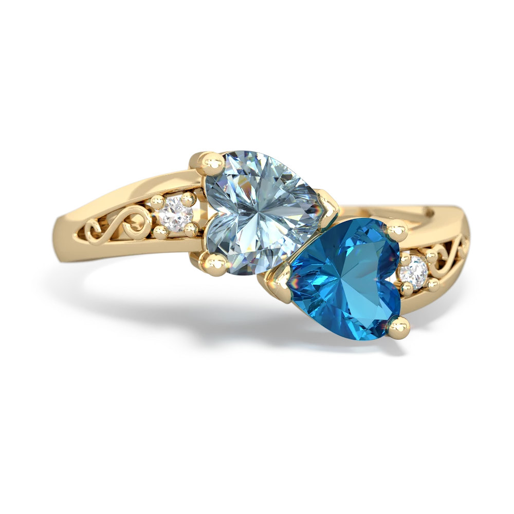 Aquamarine Snuggling Hearts 14K Yellow Gold ring R2178