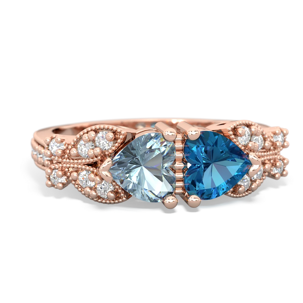 Aquamarine Diamond Butterflies 14K Rose Gold ring R5601