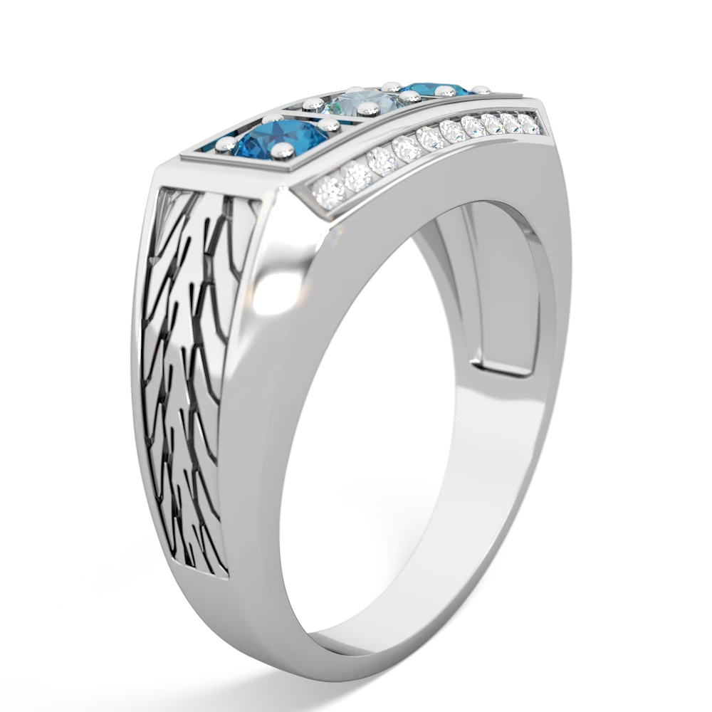 Aquamarine Three Stone Tire Tread Men's 14K White Gold ring R0520