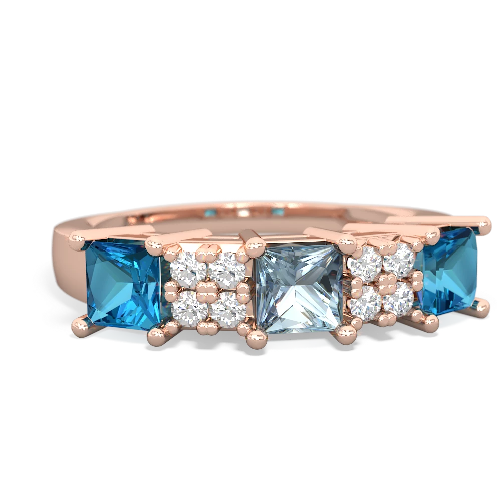 Aquamarine Three Stone Diamond Cluster 14K Rose Gold ring R2592