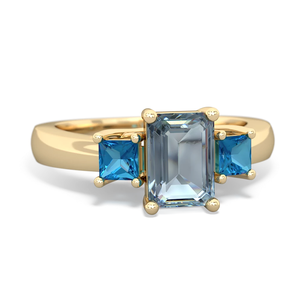 Aquamarine Three Stone Emerald-Cut Trellis 14K Yellow Gold ring R4021