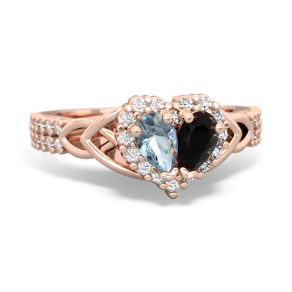 Aquamarine Celtic Knot Two Hearts As One 14K Rose Gold ring R2644HRT