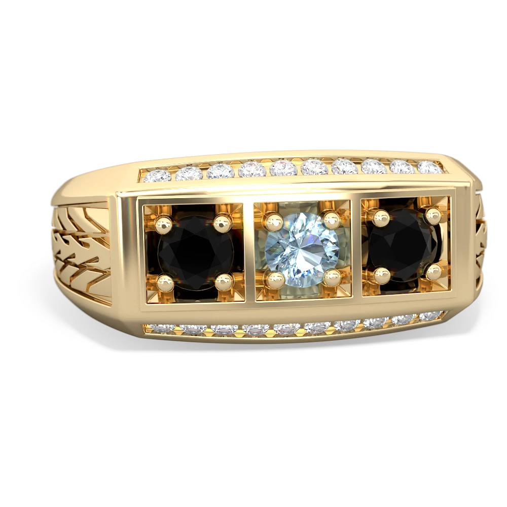 Aquamarine Three Stone Tire Tread Men's 14K Yellow Gold ring R0520