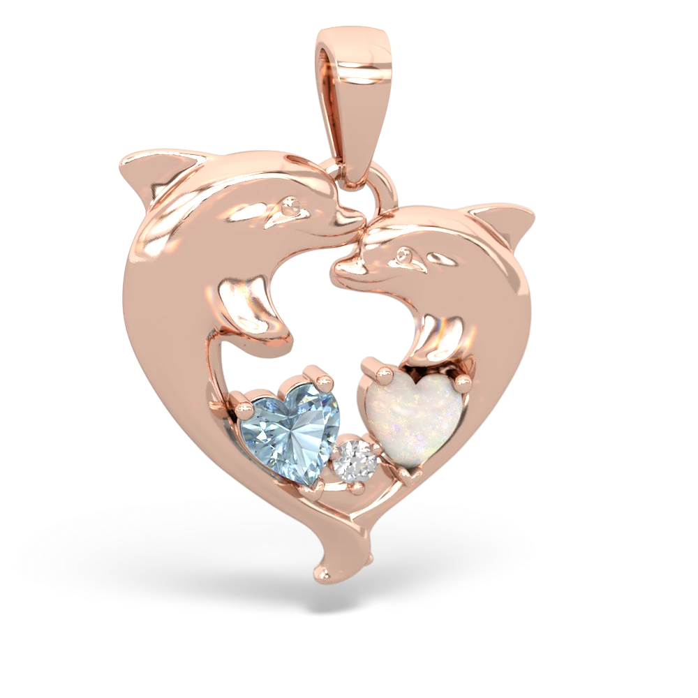 Aquamarine Dolphin Heart 14K Rose Gold pendant P5820