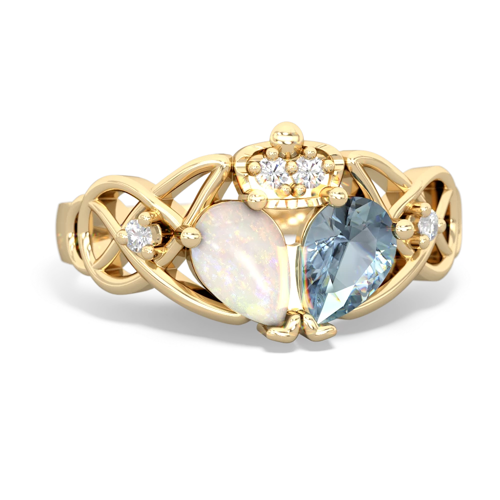 Aquamarine 'One Heart' Celtic Knot Claddagh 14K Yellow Gold ring R5322