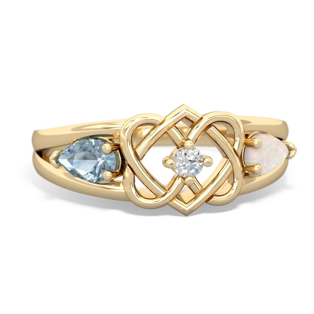 Aquamarine Hearts Intertwined 14K Yellow Gold ring R5880