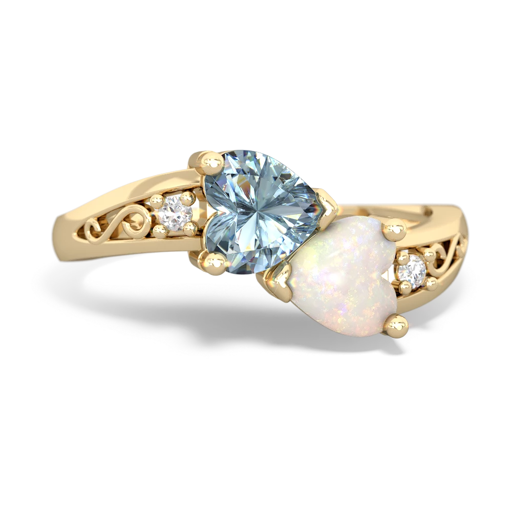 Aquamarine Snuggling Hearts 14K Yellow Gold ring R2178