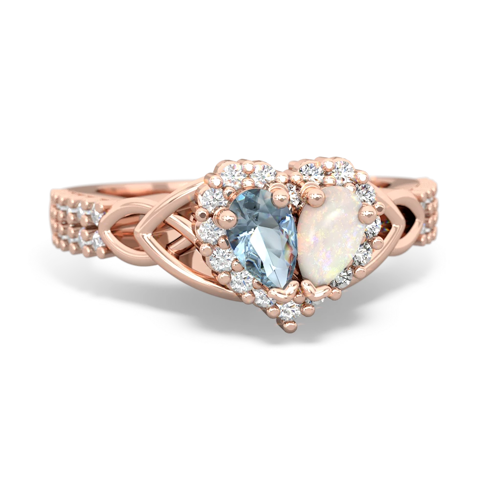 Aquamarine Celtic Knot Two Hearts As One 14K Rose Gold ring R2644HRT