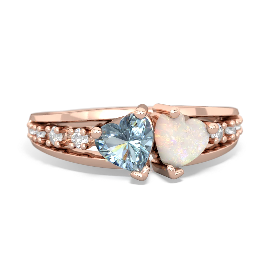 14K Rose Gold Aquamarine with Opal Heart to Heart Ring