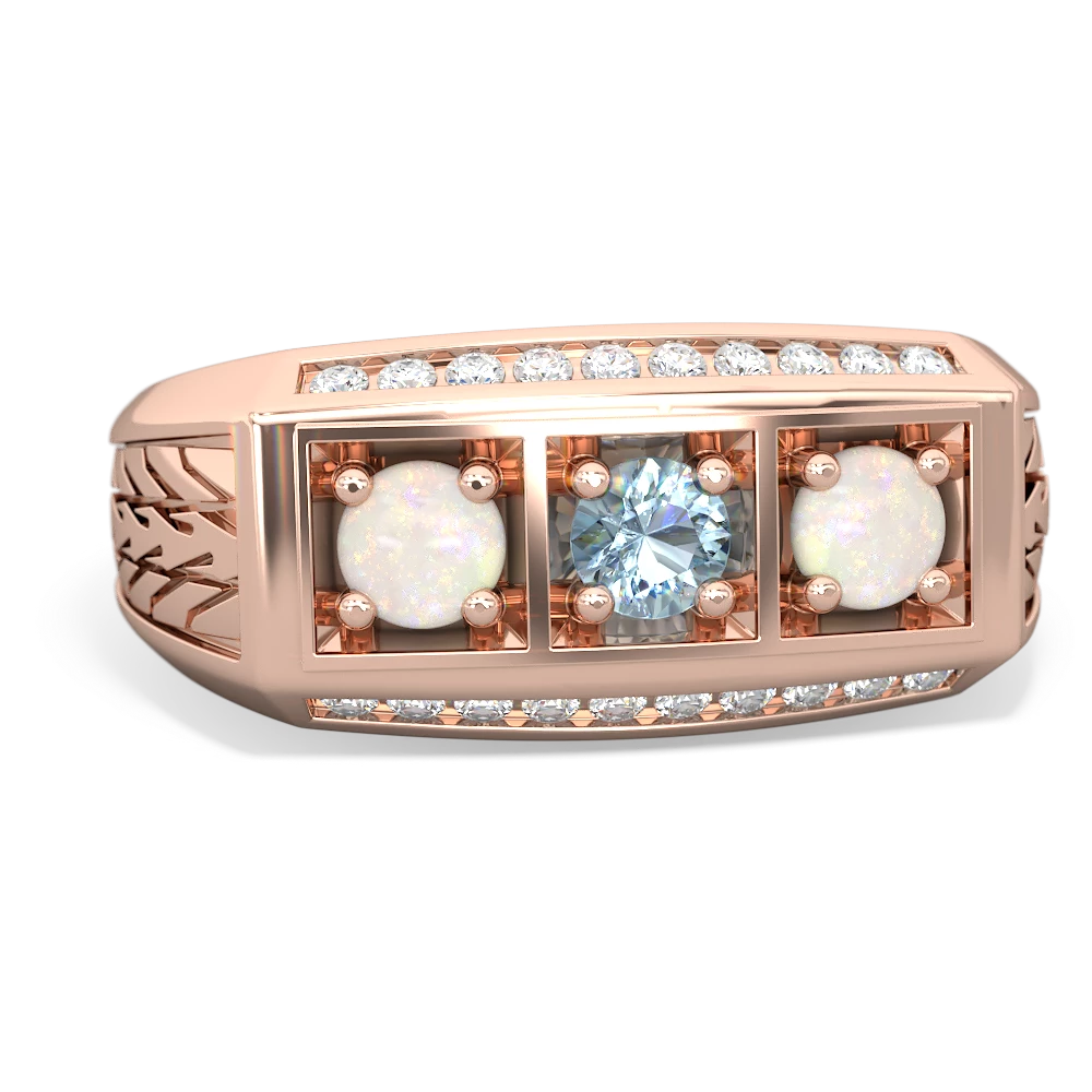 Aquamarine Three Stone Tire Tread Men's 14K Rose Gold ring R0520