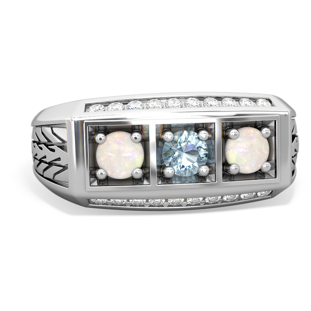 Aquamarine Three Stone Tire Tread Men's 14K White Gold ring R0520