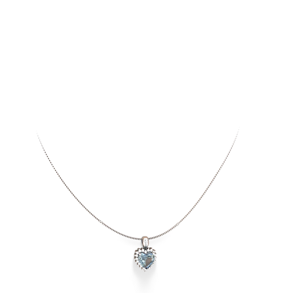 Aquamarine Sparkling Halo Heart 14K White Gold pendant P0391