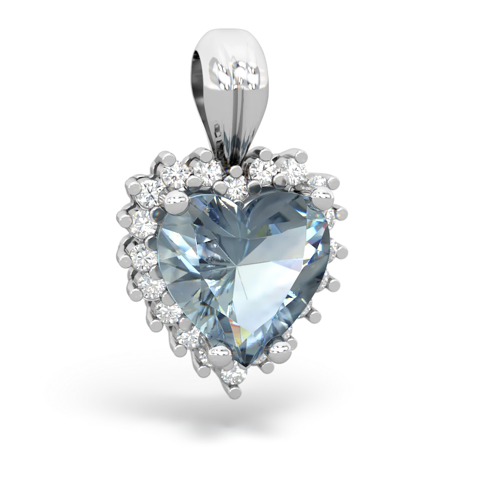 Aquamarine Sparkling Halo Heart 14K White Gold pendant P0391