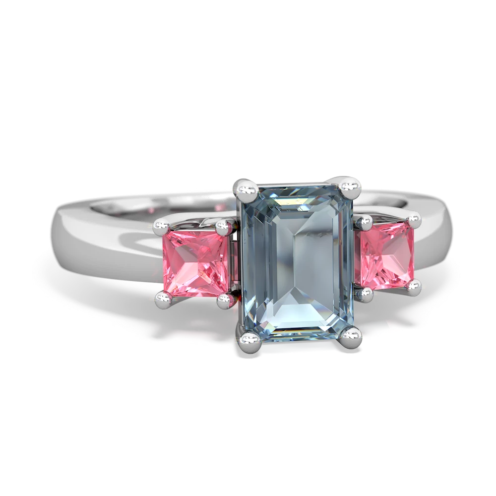 Aquamarine Three Stone Emerald-Cut Trellis 14K White Gold ring R4021