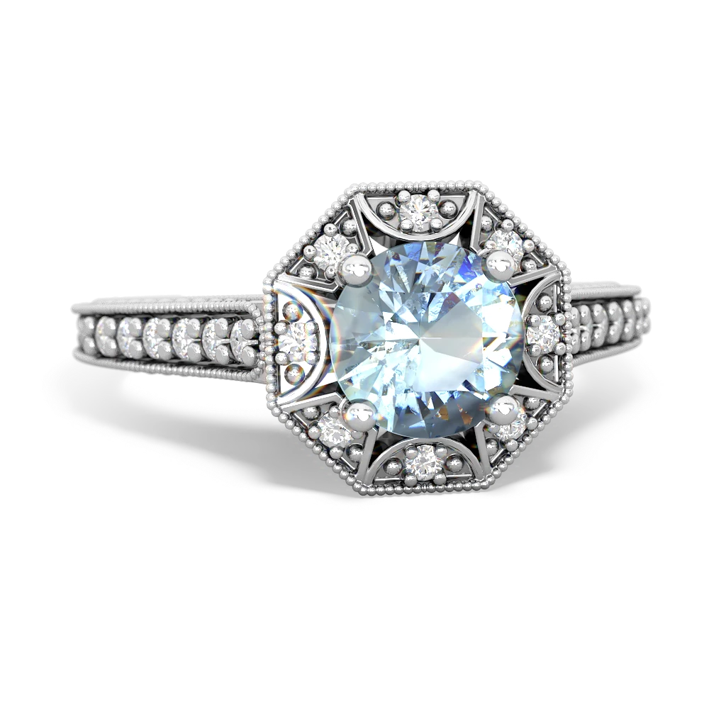 Aquamarine Art-Deco Starburst 14K White Gold ring R5520