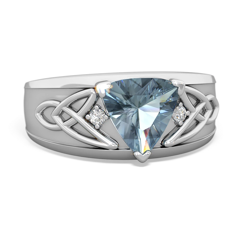 Aquamarine Celtic Trinity Knot Men's 14K White Gold ring R0440 - front view