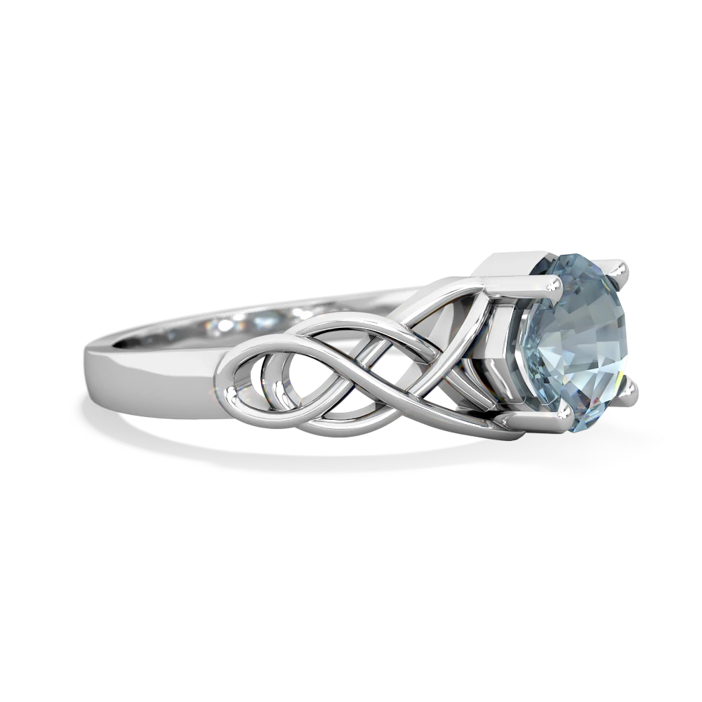 Aquamarine Checkerboard Cushion Celtic Knot 14K White Gold ring R5000