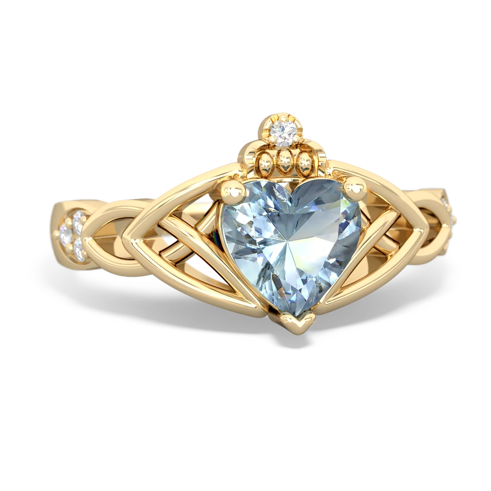 Aquamarine Claddagh Celtic Knot Diamond 14K Yellow Gold ring R5001