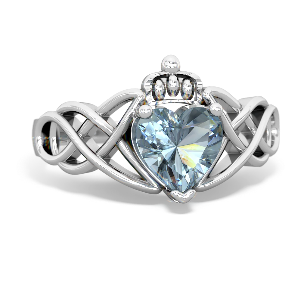 Aquamarine Claddagh Celtic Knot 14K White Gold ring R2367 - front view
