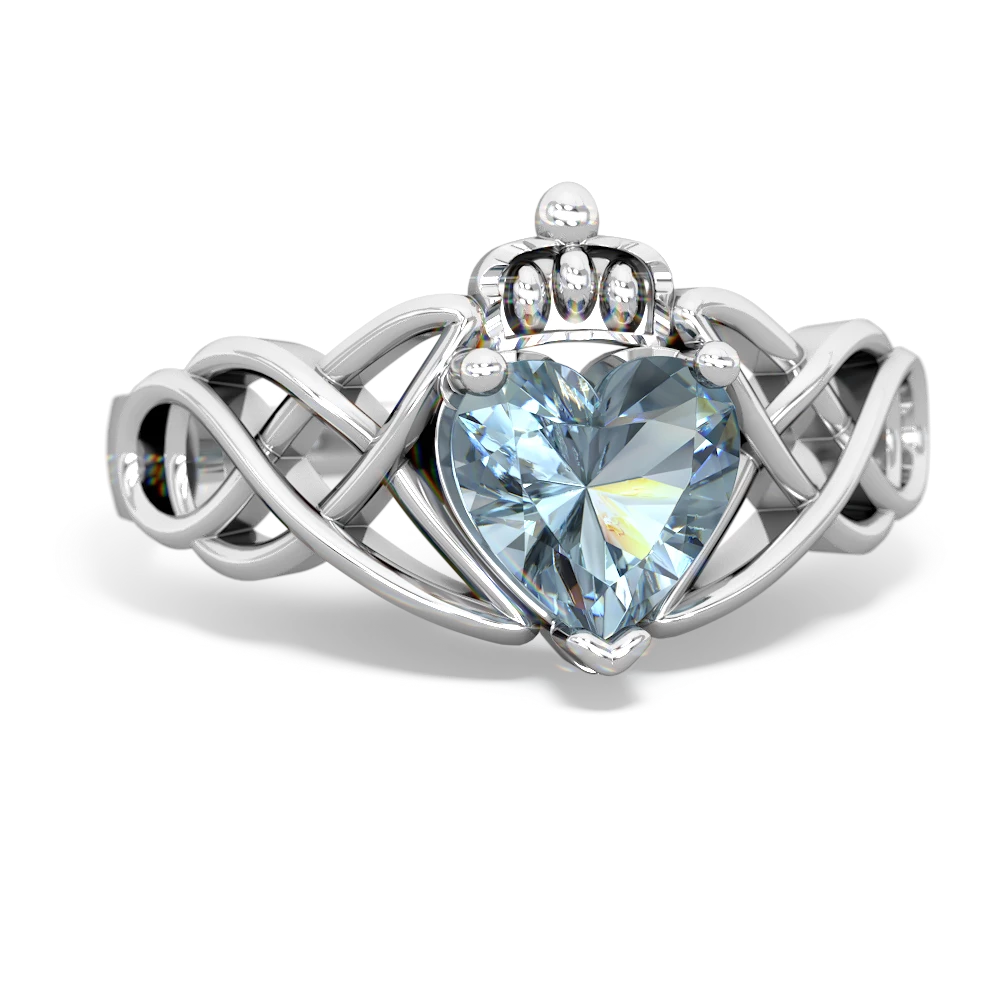 Aquamarine Claddagh Celtic Knot Ring in 14K White Gold