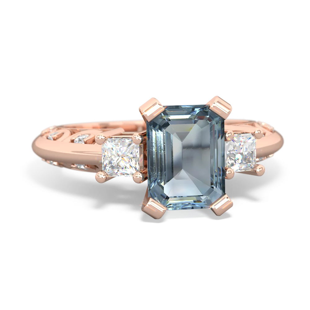 Aquamarine Art Deco Diamond 8X6 Emerald-Cut Engagement 14K Rose Gold ring R20018EM