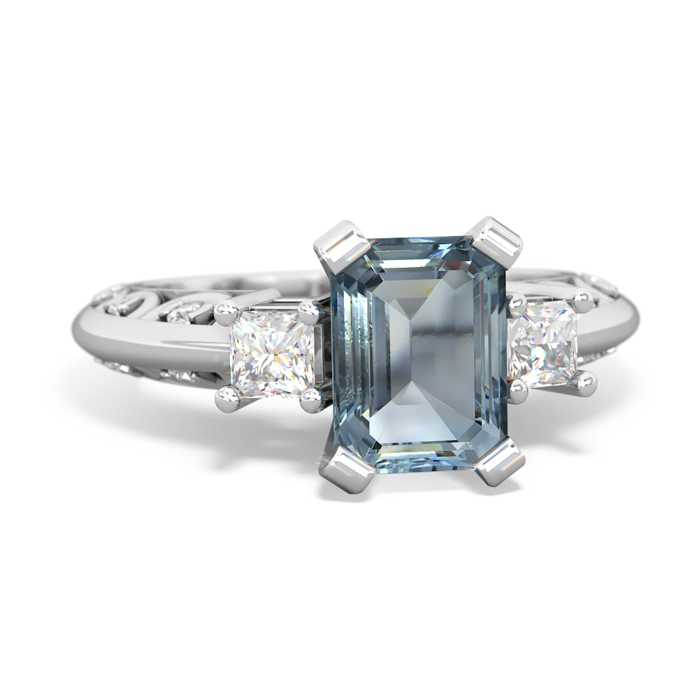 Aquamarine Art Deco Diamond 8X6 Emerald-Cut Engagement 14K White Gold ring R20018EM