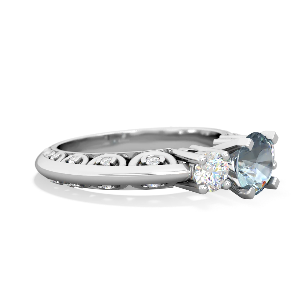 Aquamarine Art Deco Diamond 6Mm Round Engagment 14K White Gold ring R2003