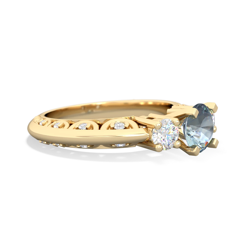Aquamarine Art Deco Diamond 6Mm Round Engagment 14K Yellow Gold ring R2003