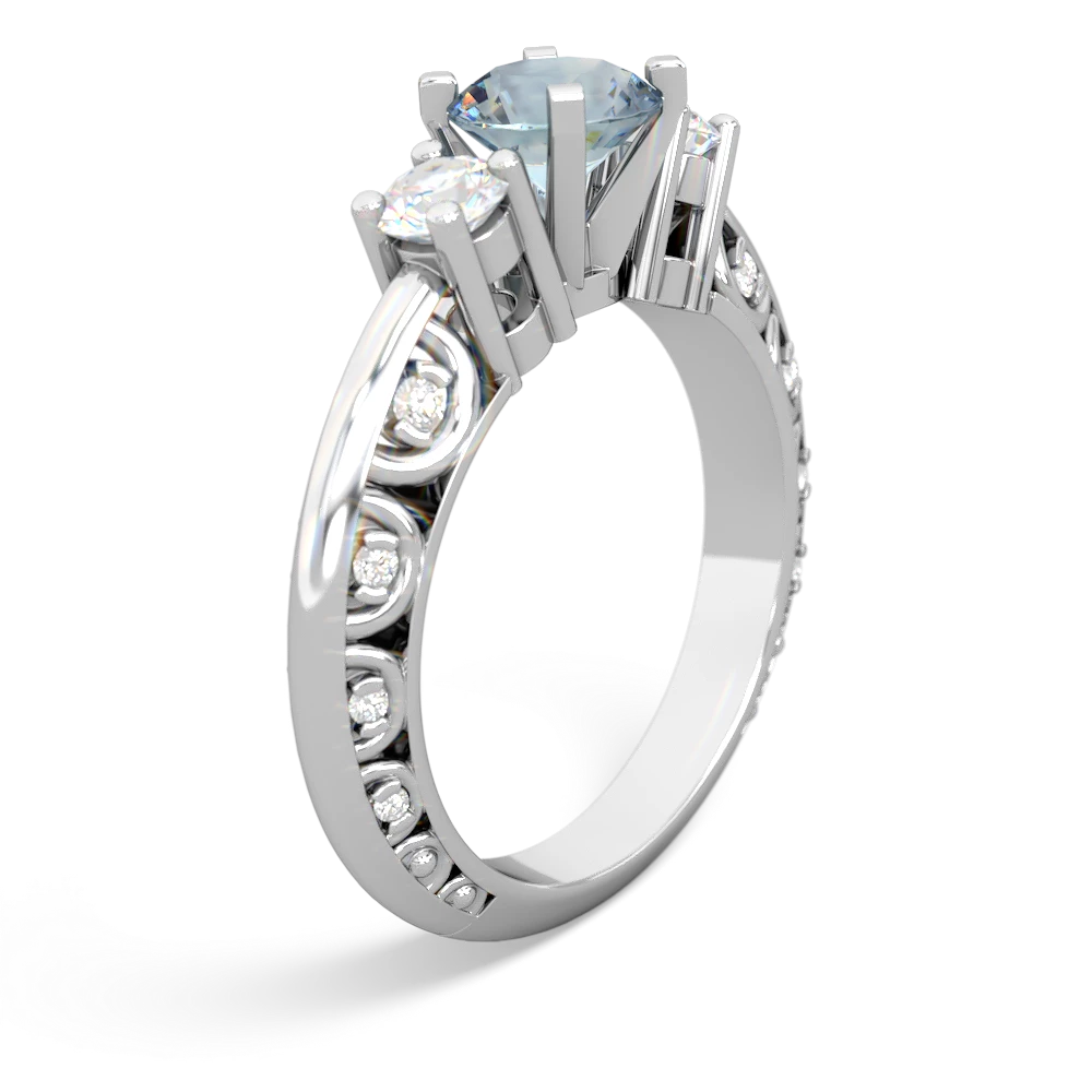 Aquamarine Art Deco Diamond 6Mm Round Engagment 14K White Gold ring R2003