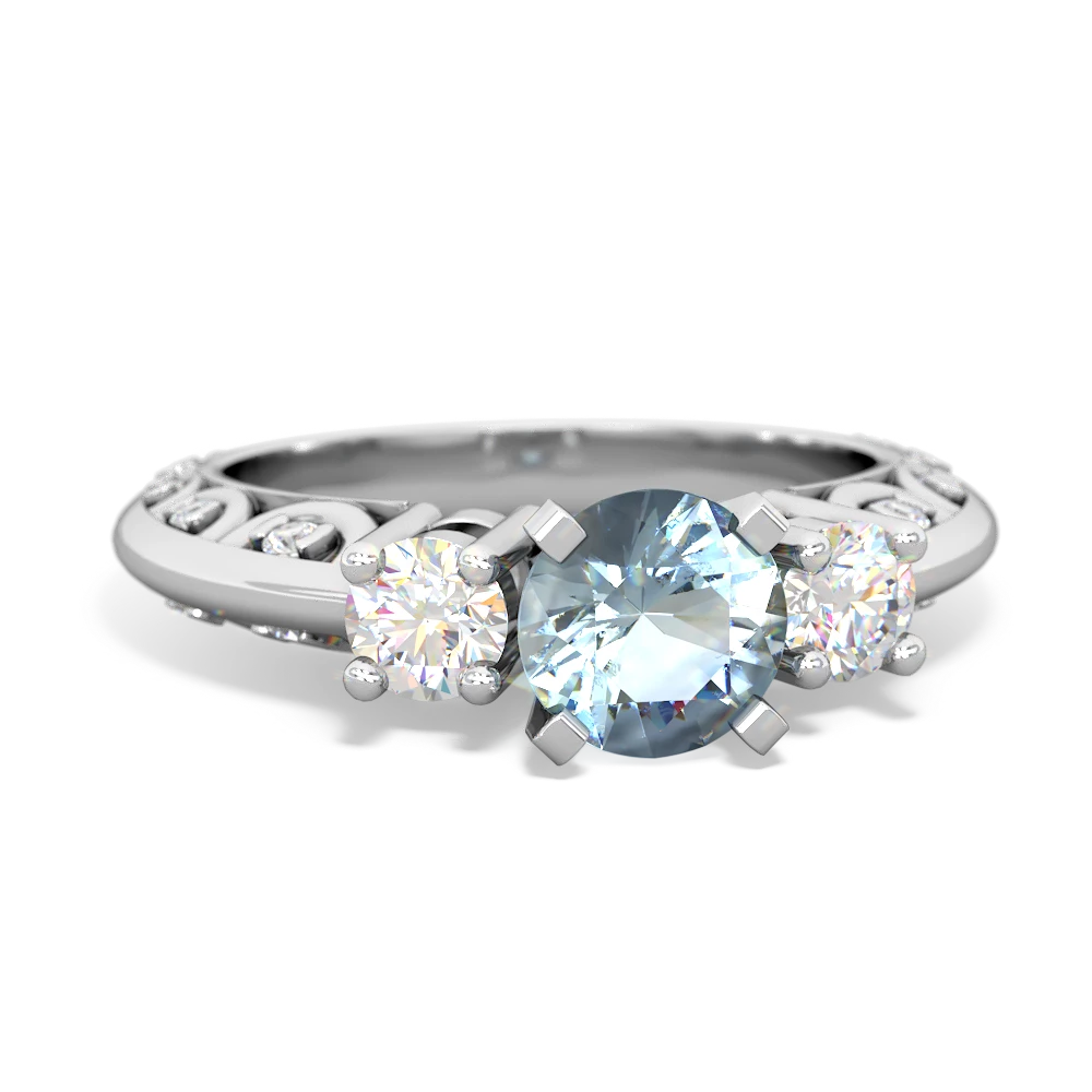 Aquamarine Art Deco Diamond 6Mm Round Engagment 14K White Gold ring R2003