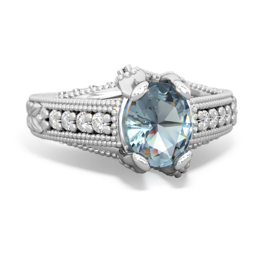 Aquamarine Antique Style Milgrain Diamond 14K White Gold ring R2028