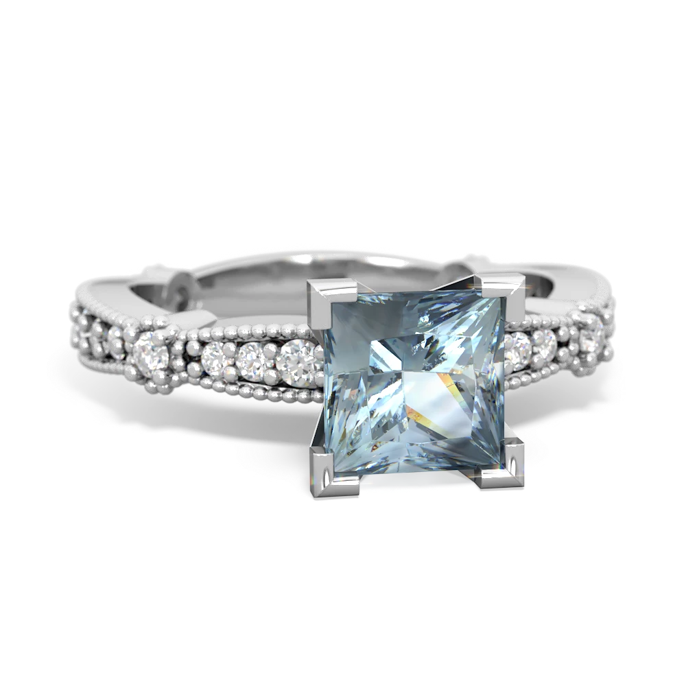 Aquamarine Milgrain Antique Style 14K White Gold ring R26296SQ - front view