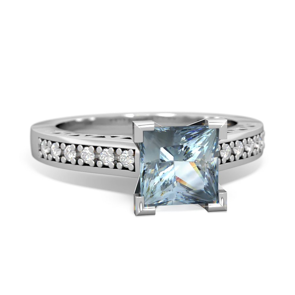 Aquamarine Art Deco Engagement 6Mm Princess 14K White Gold ring R26356SQ