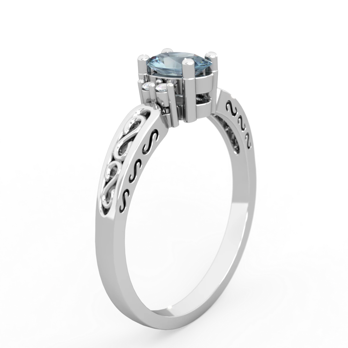 Aquamarine Filligree Scroll Oval 14K White Gold ring R0812