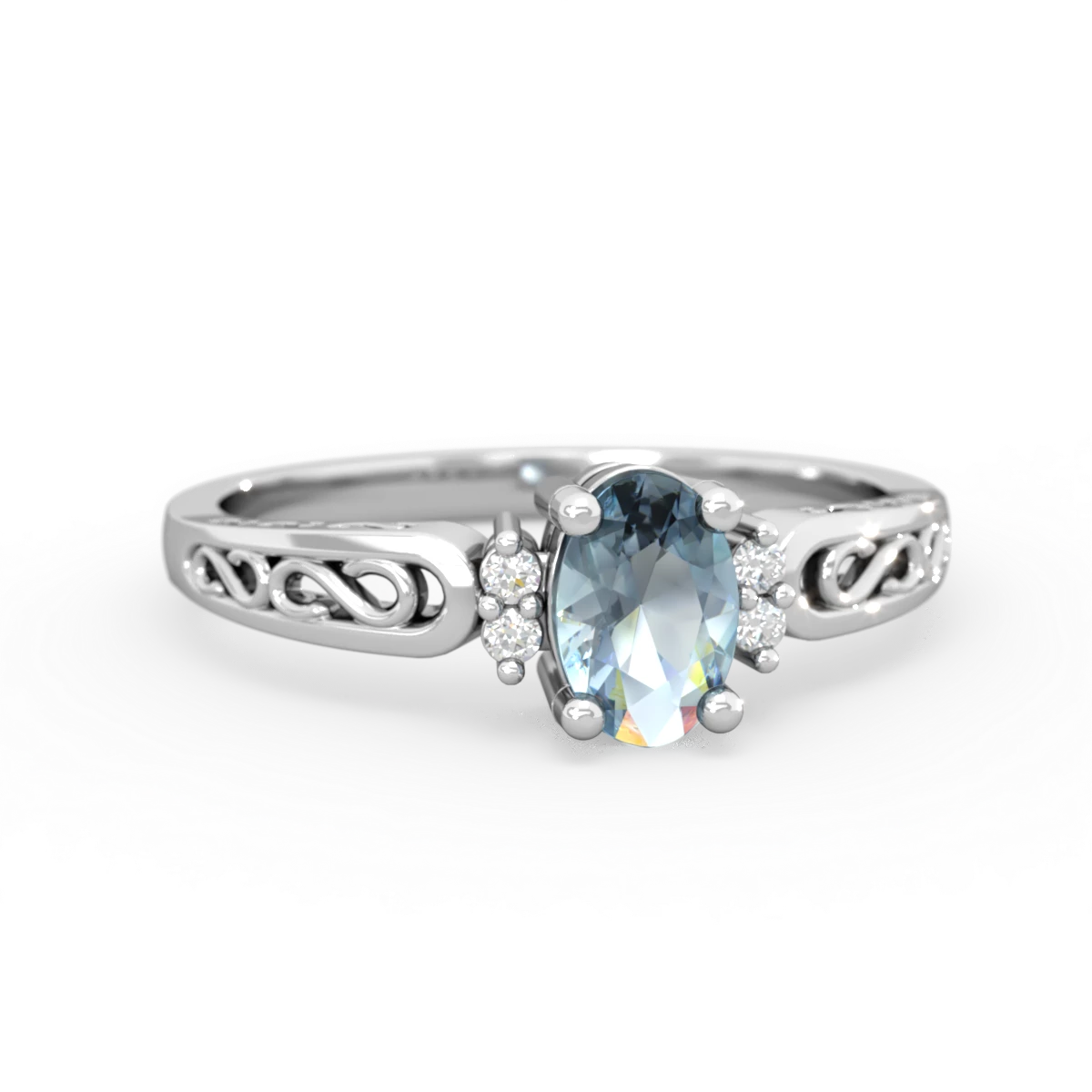 Aquamarine Filligree Scroll Oval 14K White Gold ring R0812