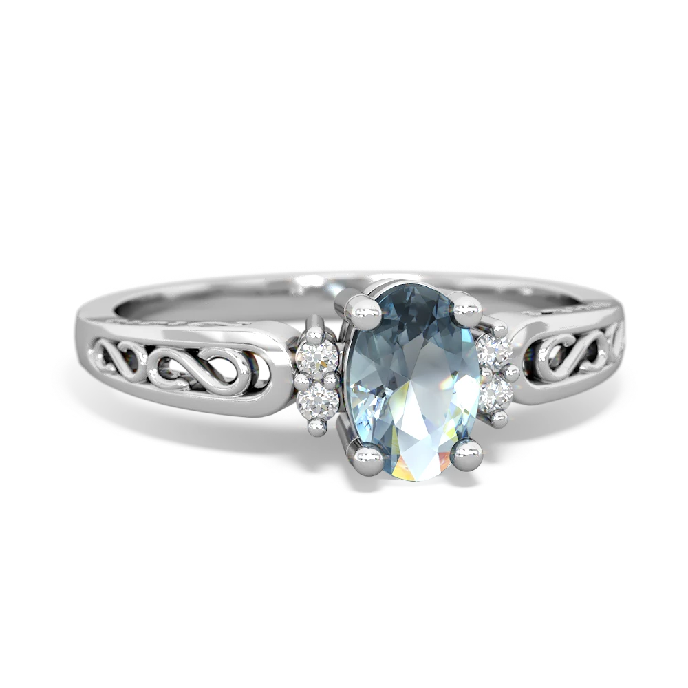 Aquamarine Filligree Scroll Oval 14K White Gold ring R0812