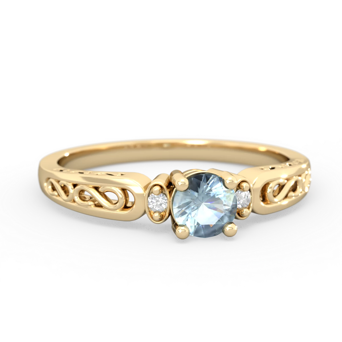 Aquamarine Filligree Scroll Round 14K Yellow Gold ring R0829