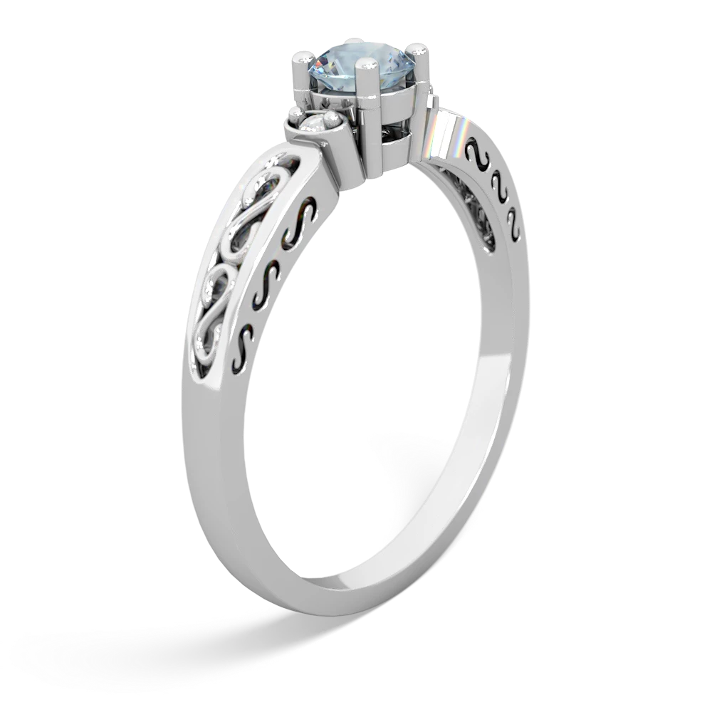 Aquamarine Filligree Scroll Round 14K White Gold ring R0829